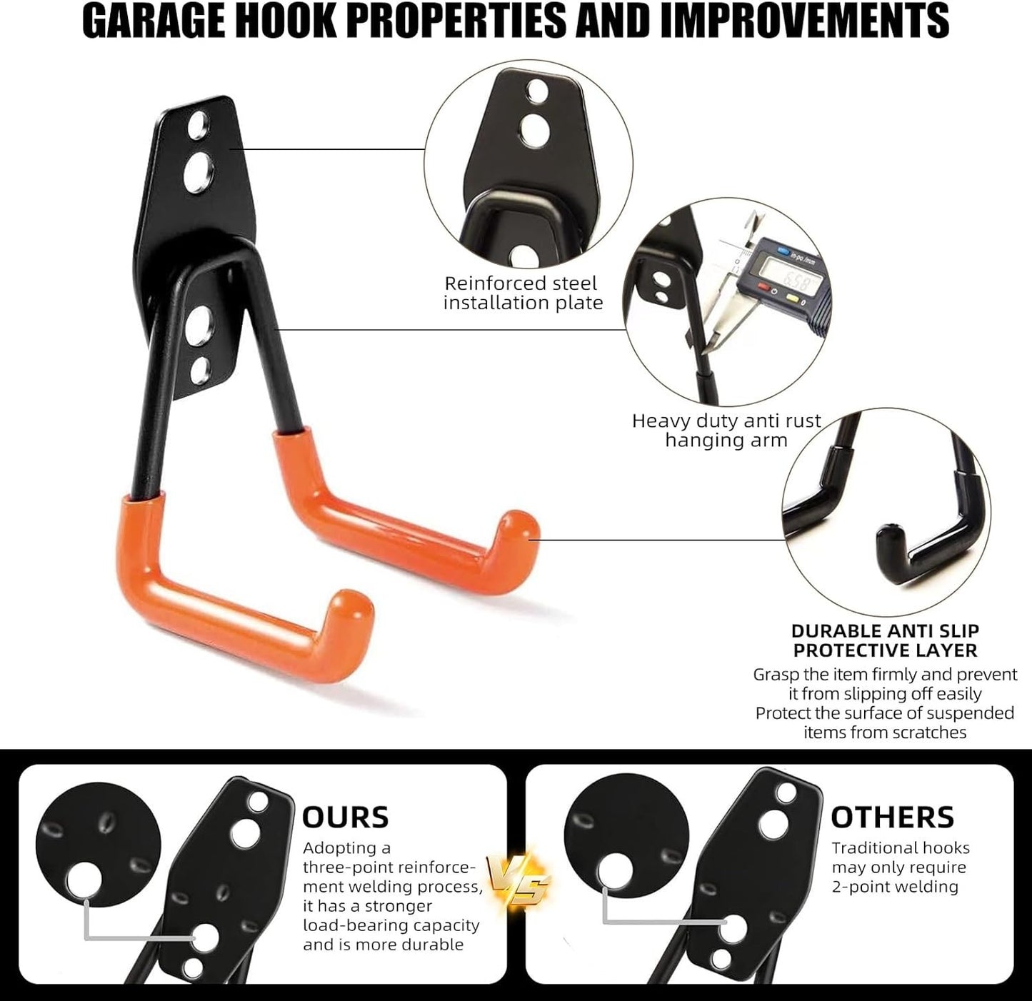 Garage Hooks, 4 Pack 7.7Inch Large Square Wall Hooks for Hanging Heavy Duty Ladd
