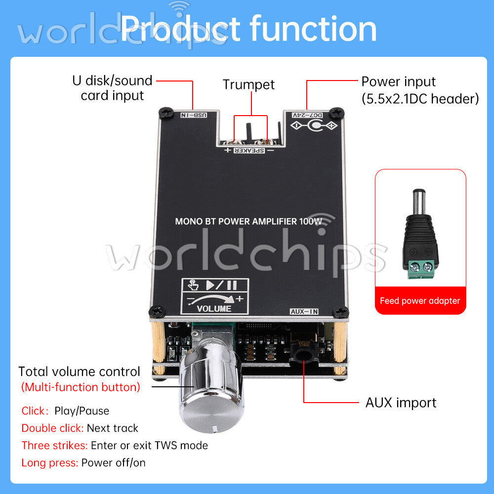 ZK-1001B 100W TPA3116D2 Audio Power Amplifier Bluetooth5.1 TWS Pair Box Function