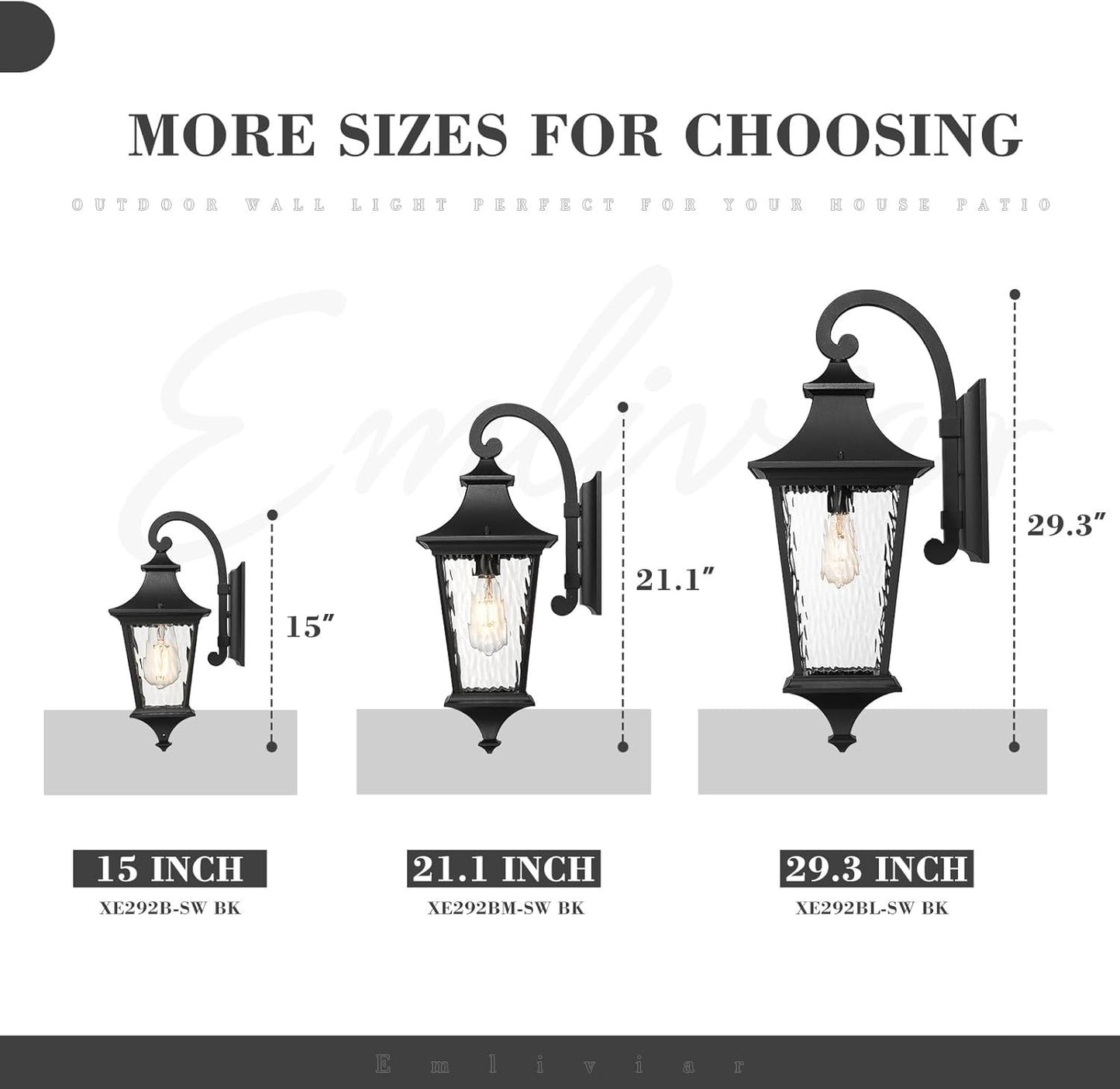 21.1 Inch Black Outdoor Wall Light with Water Ripple Glass, for Porch Garage