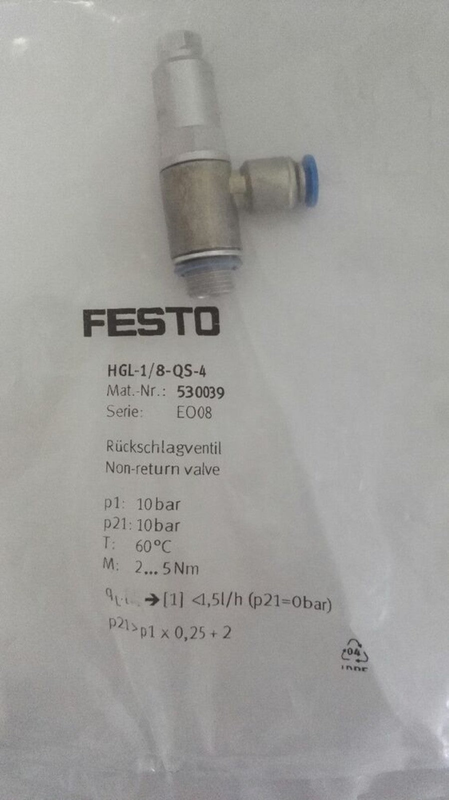 1PCS For FESTO HGL-1/8-QS-4 530039 Check Valve