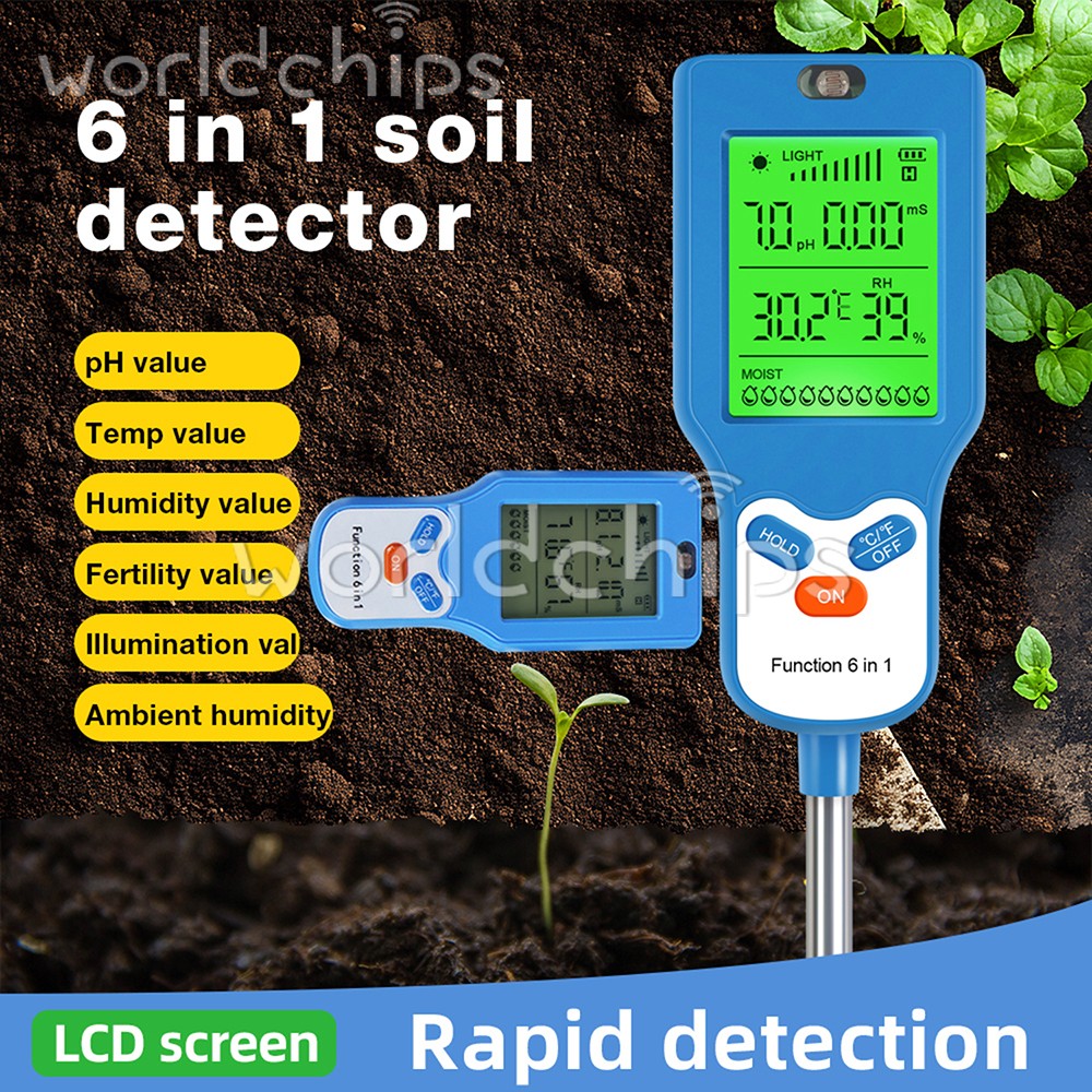 6-in-1 Digital PH Tester Sunlight Soil Moisture Meter Detector Plant Garden ℃℉