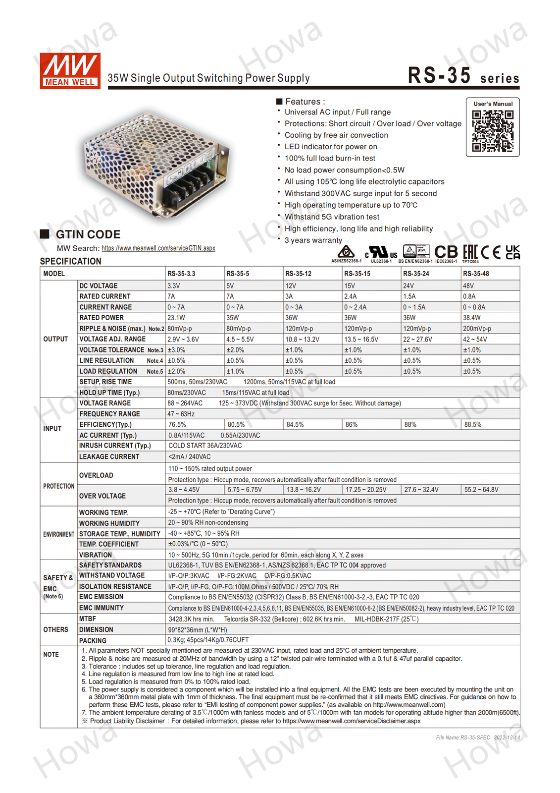 Mean Well RS-35 3A/1A Switching Power Supply Module 5V12V24V48V 35W Low Power