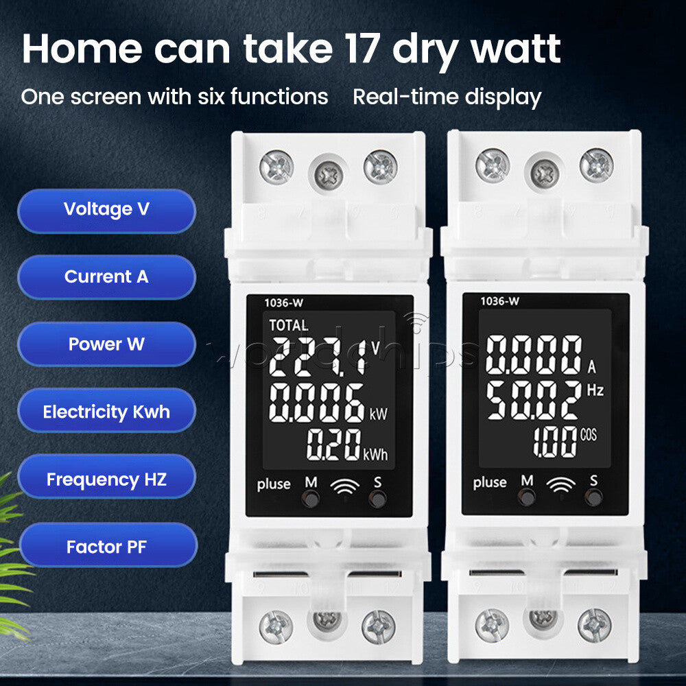DIN Rail Multi-Function Tester Digital Voltage Current Power Meter AC85~265V 63A