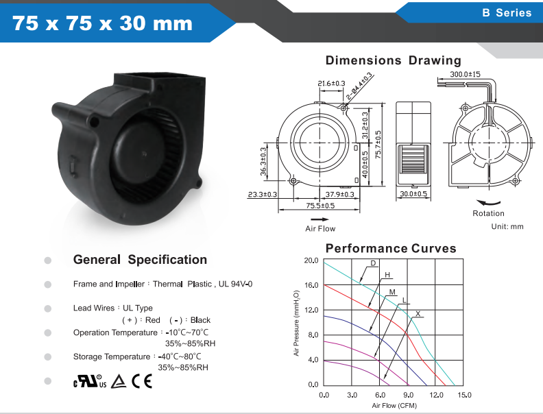1/piece FBD7530B12W9-61-2RC1 75* 30 12V 5.40W centrifugal turbine blower Fan