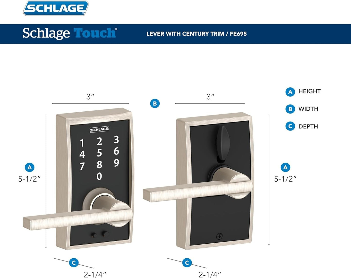 Touch Century Electronic Keyless Entry Lock, FE695, Latitude Lever, Matte Black