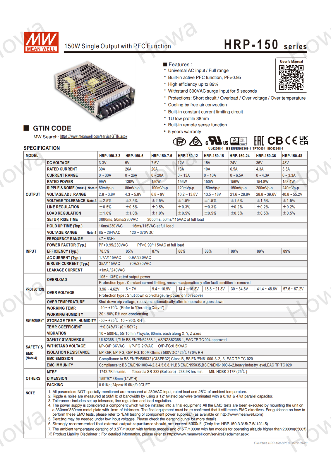 Mean Well Switching Power Supply Module HRP-150 5V12V24V36V48V 150W with PFC