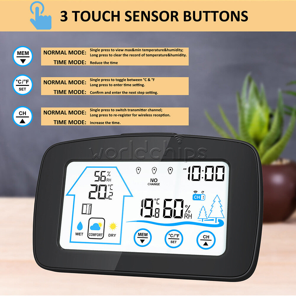 Wireless Indoor Outdoor Thermometer & Hygrometer Touch Screen LCD Humidity Gauge