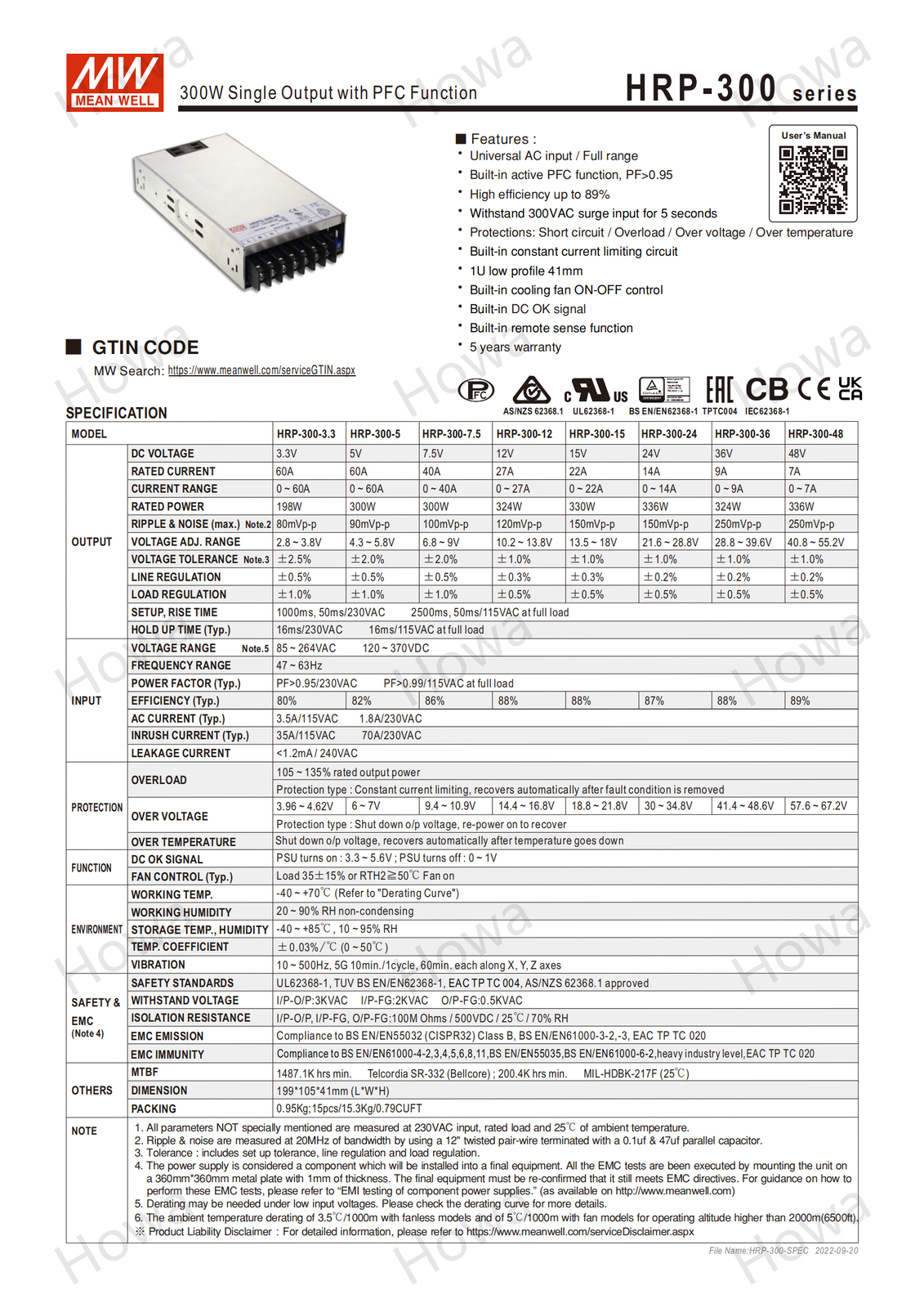 Mean Well Switching Power Supply Module HRP-300 5V12V24V36V48V 300W with PFC