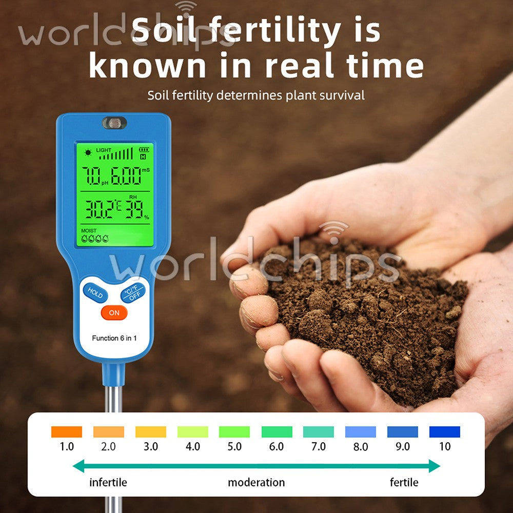 6-in-1 Digital PH Tester Sunlight Soil Moisture Meter Detector Plant Garden ℃℉