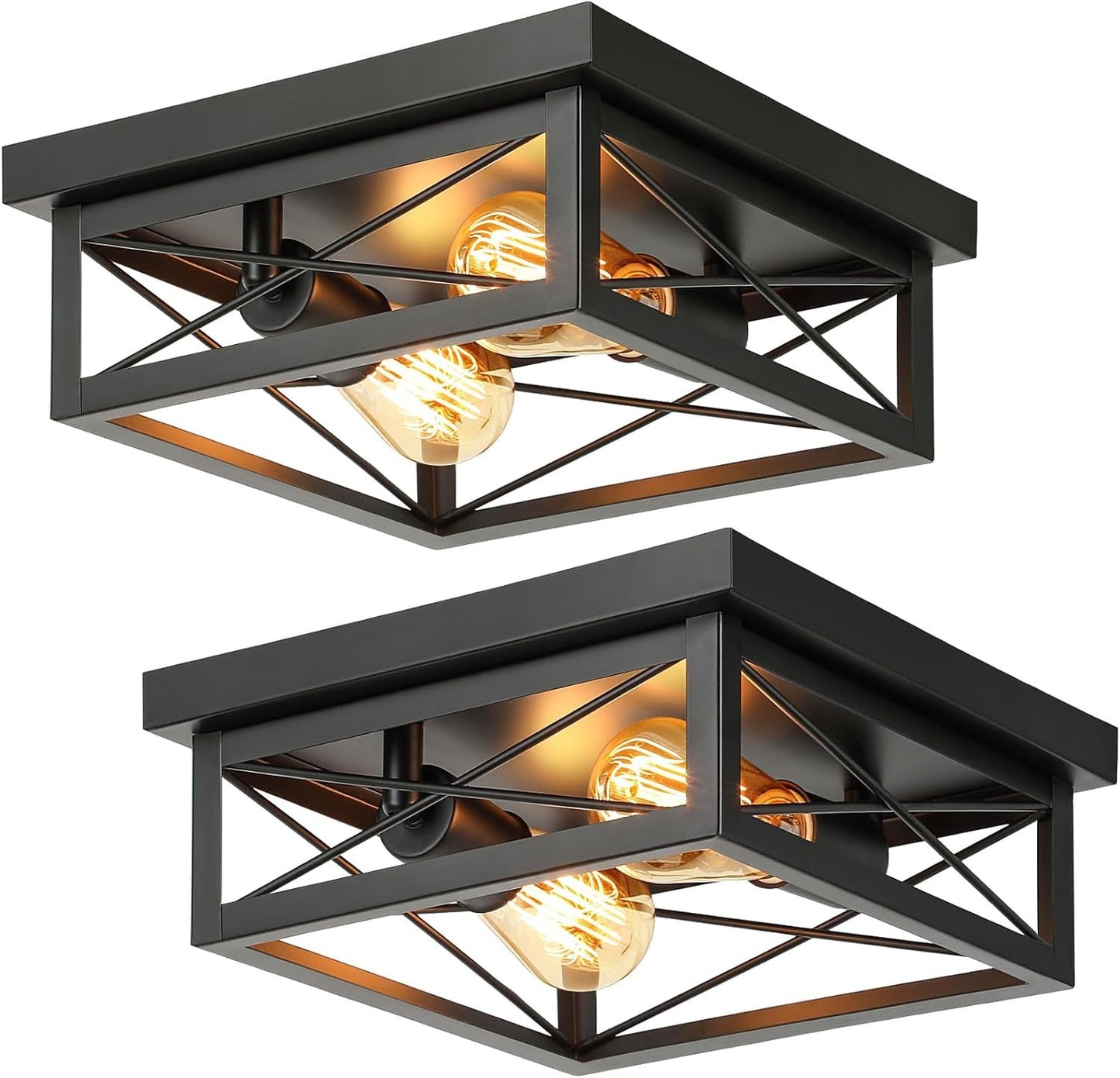 2-Light Industrial Flush Mount Ceiling Fixture, Square, Farmhouse Style, Black