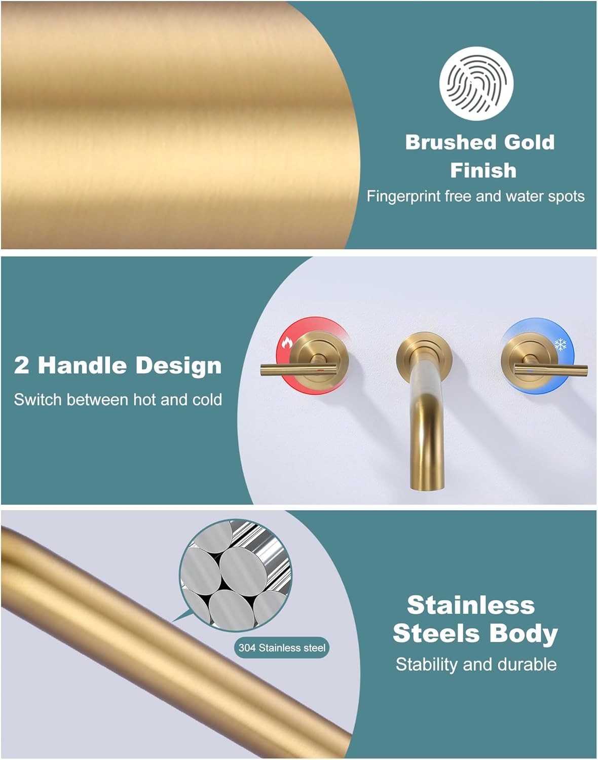 Gold Wall Mount Tub Faucet, Two Handles Solid Brass, Long Spout with Valve