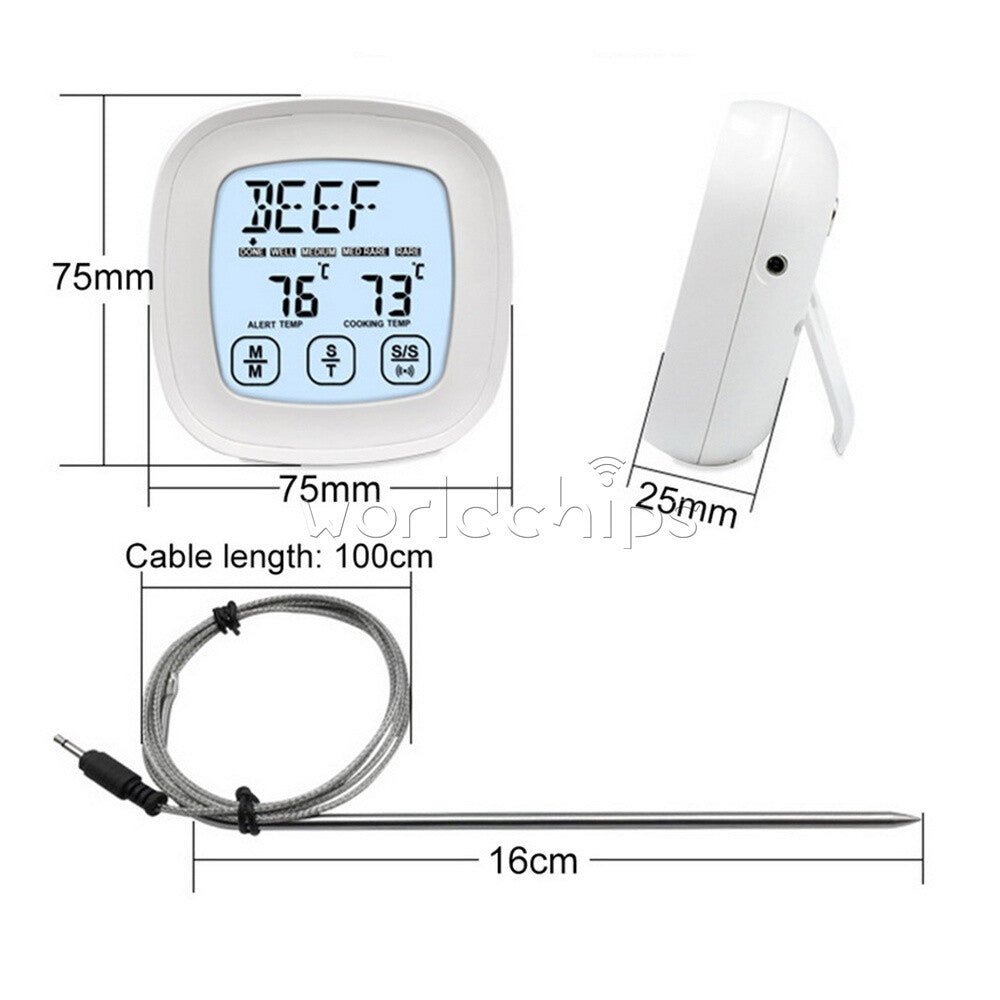 Digital Meat Thermometer for Oven BBQ Grill Food Cooking Touchscreen Timer alarm