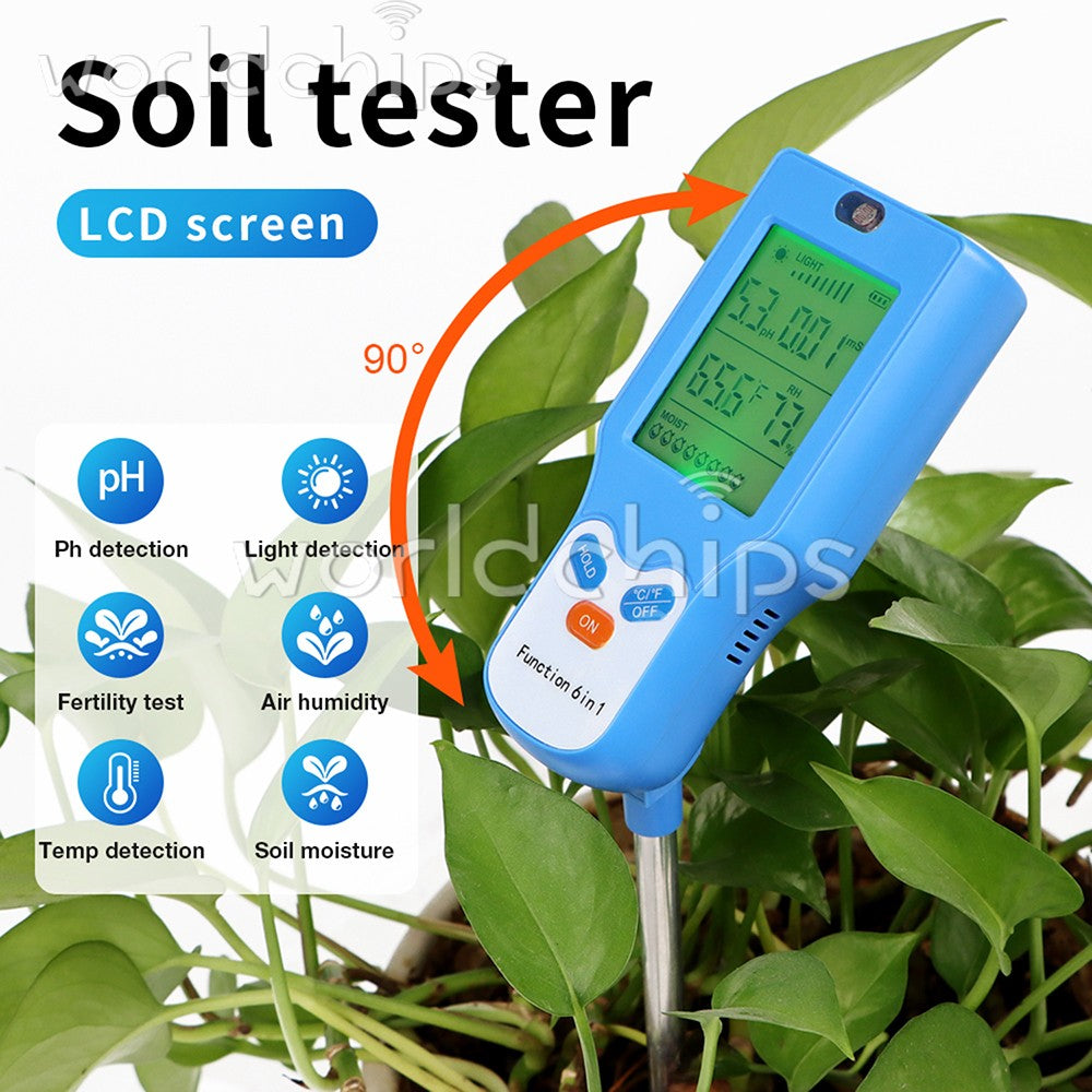 6-in-1 Digital PH Tester Sunlight Soil Moisture Meter Detector Plant Garden ℃℉