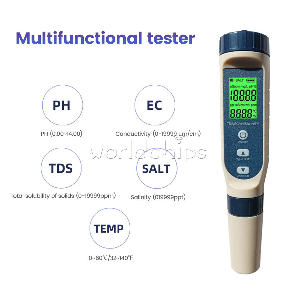 5 in 1 pH Tester Digital PH Tester Pen 0.01 High Accuracy IP65 Water Testing Kit