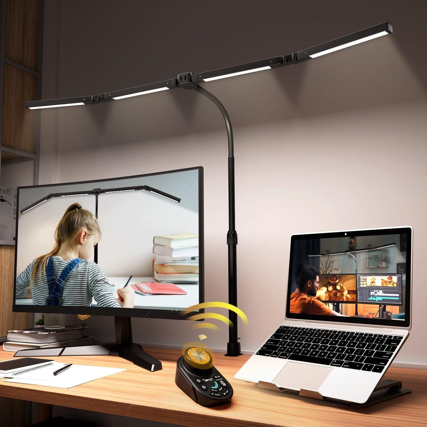 Adjustable LED Desk Lamp, Stepless Dimming & Color Temp, Clamp Base