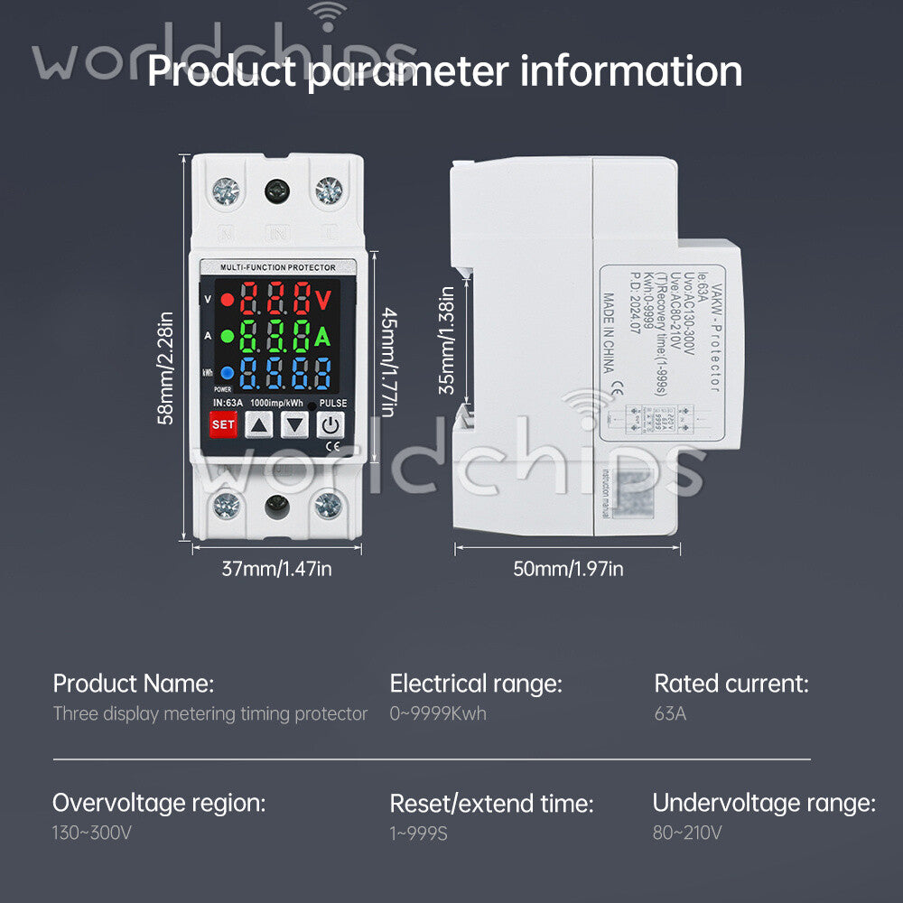 35mm Rail Self-Reclosing Voltage Current Power Meter KWh Voltmeter Ammeter 63A