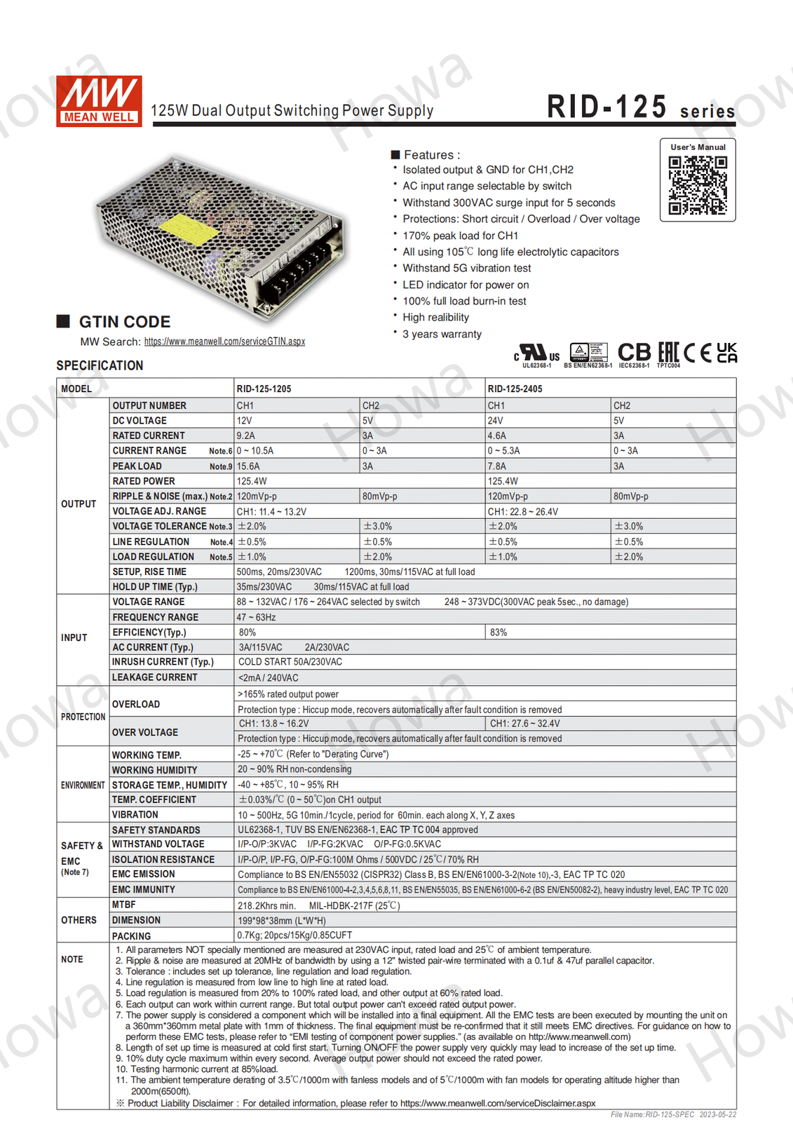 Mean Well Switching Power Supply RID-125 Two Output 125W 5V12V24V48V 1205 1224