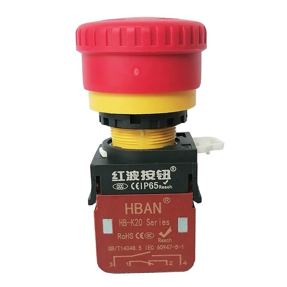 HB-K20 20A 1NO 1NC Emergency Stop Mushroom Head Push Button Switch IP65 22mm