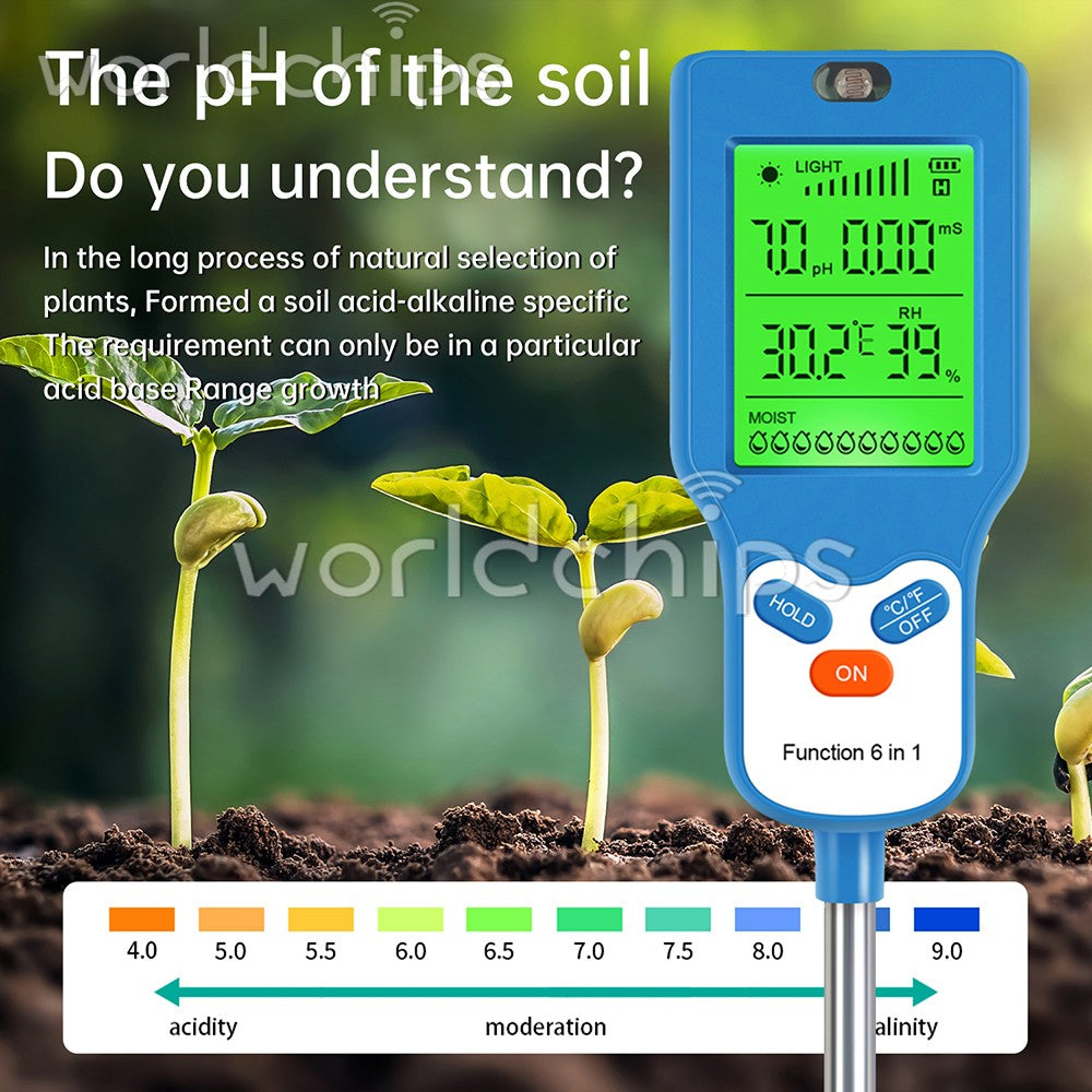 6-in-1 Digital PH Tester Sunlight Soil Moisture Meter Detector Plant Garden ℃℉