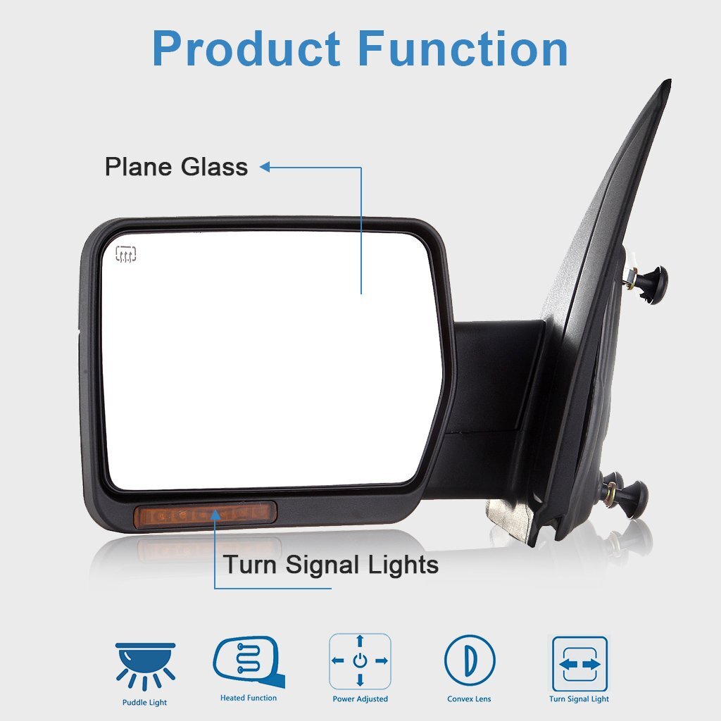 Drive Side Tow Mirror For 04-14 Ford F150 Chrome Power Heated Puddle Signal Lamp