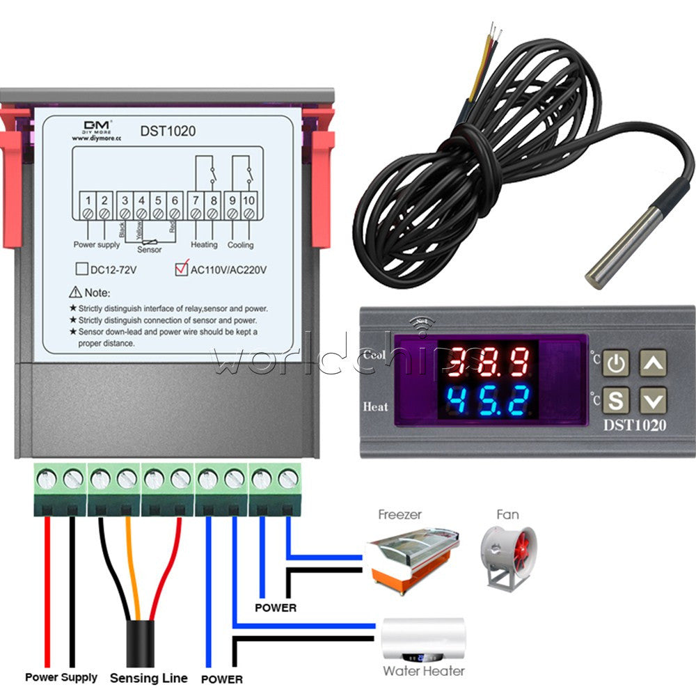 DST1020 Dual Display LED Digital Thermostat Temperature Controller DS18B20 Probe