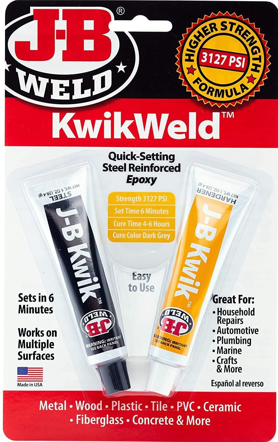 KwikWeld Steel Reinforced Epoxy, 2 oz, Quick-Setting for Metal, Ceramic, Plastic