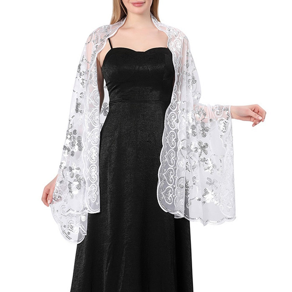 Elegant Sparkly Sequin Sheer Tulle Lace Embroidery Scarf Wrap for Formal Events