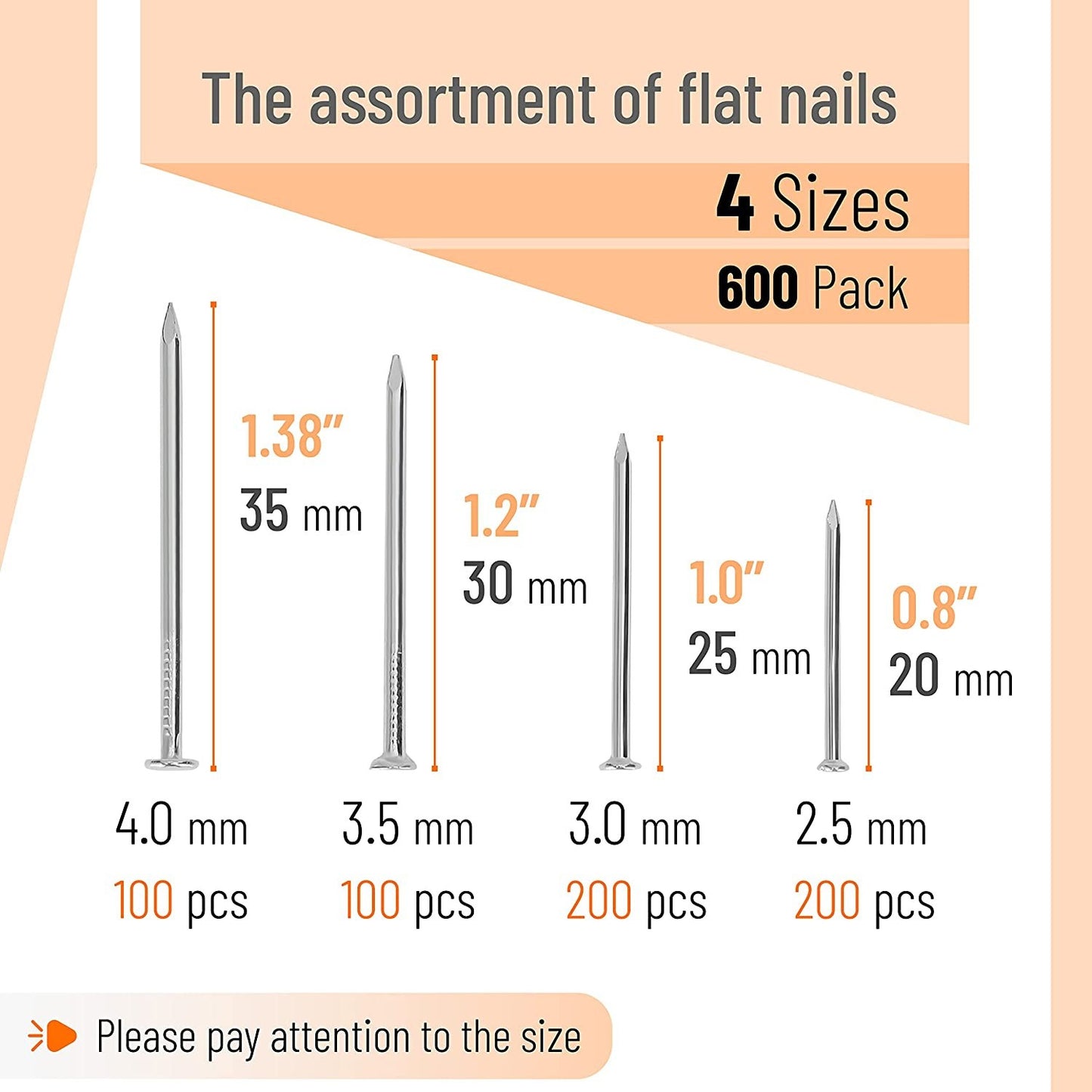 600-Piece Nail Assortment Kit, 4 Sizes, Silver, for Hanging Pictures, Finishing