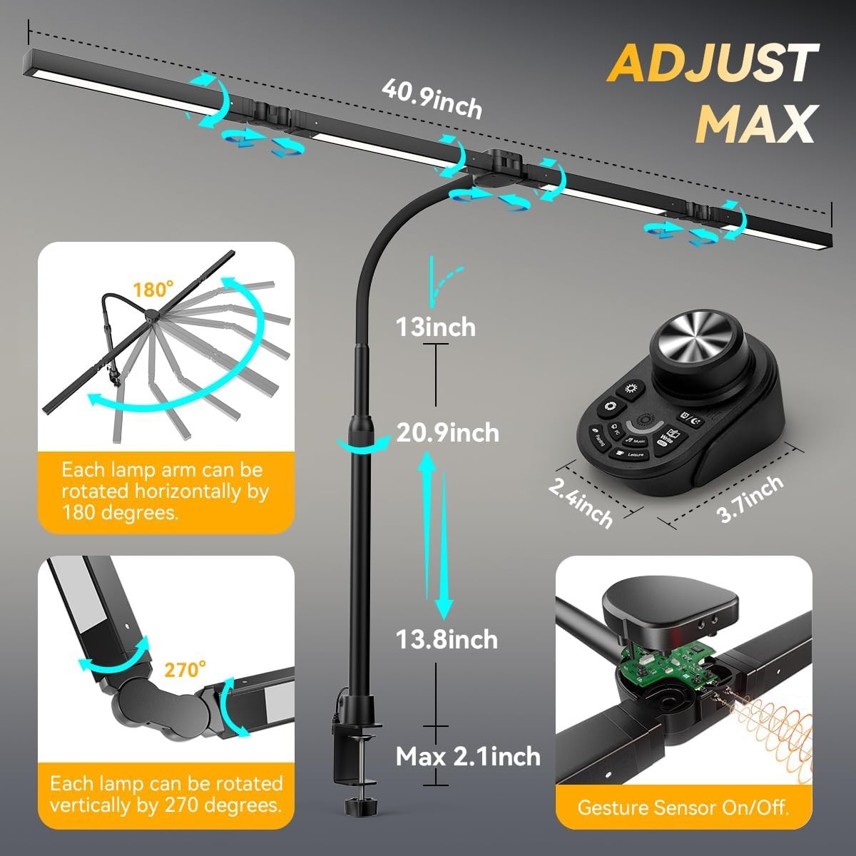 Adjustable LED Desk Lamp, Stepless Dimming & Color Temp, Clamp Base