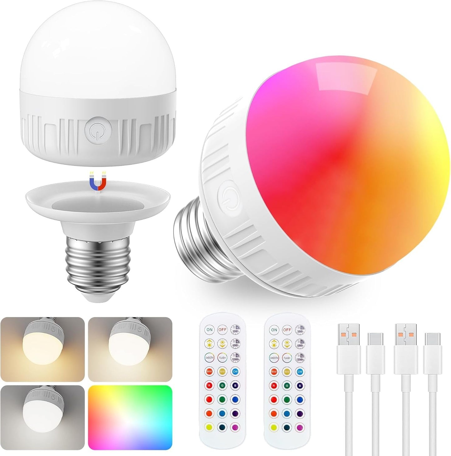 SCOPOW Rechargeable Light Bulb with Remote - 8W 600LM E26 Dimmable Rechargeable