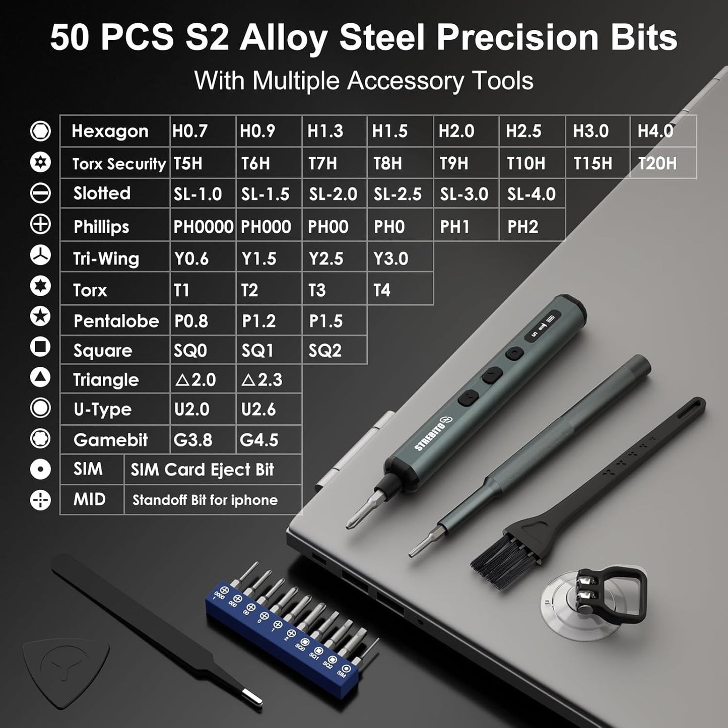 67-in-1 Precision Electric Screwdriver, 50 Bits, 5 Torque Settings, 4 LEDs
