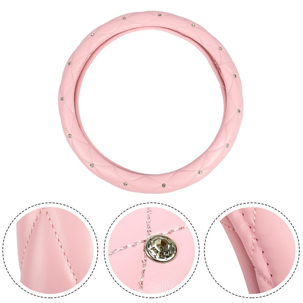 Pink Car Steering Wheel Cover 38cm/15 PU Leather Bling Diamond For Womens Girls
