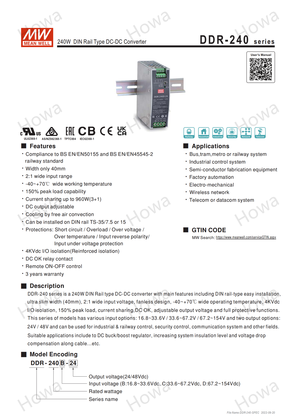 MEAN WELL Switching Power Supply DDR-240B/C/D 240W 24/48V DC to DC Rail Type