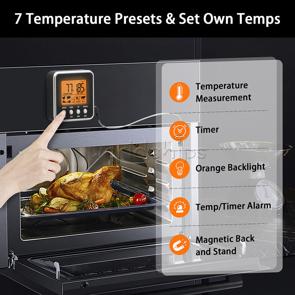 Digital Oven Thermometer Kitchen Meat Thermometer Countdown/ Timer LCD Backlight