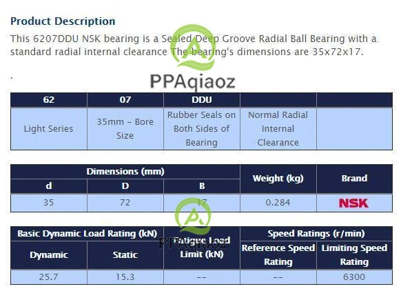 1PC NSK 6207 DDU Deep Groove Radial Ball Bearing 35x72x17mm #P