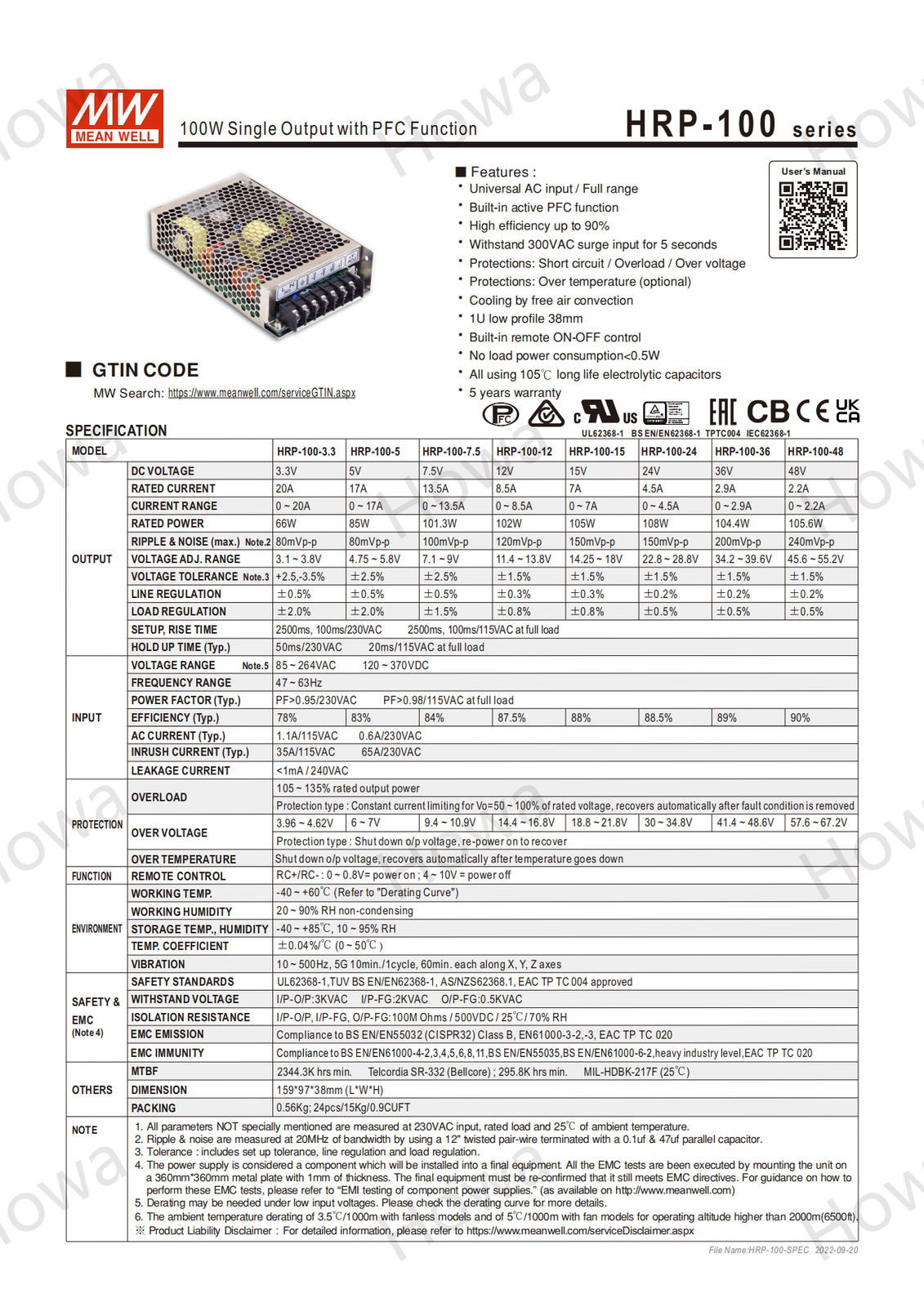 Mean Well Switching Power Supply Module HRP-100 5V12V24V36V48V 100W with PFC