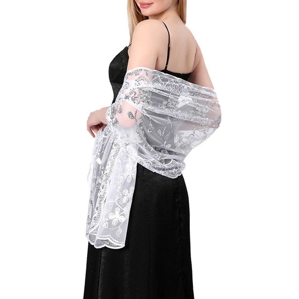 Elegant Sparkly Sequin Sheer Tulle Lace Embroidery Scarf Wrap for Formal Events