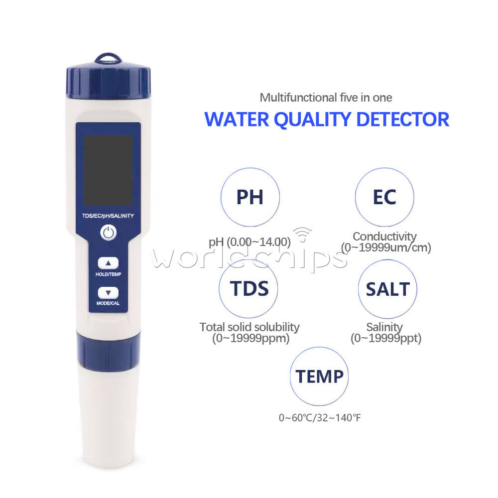 5in1 TDS/EC/PH/Salinity/Temperature Meter Digital Water Quality Monitor Tool