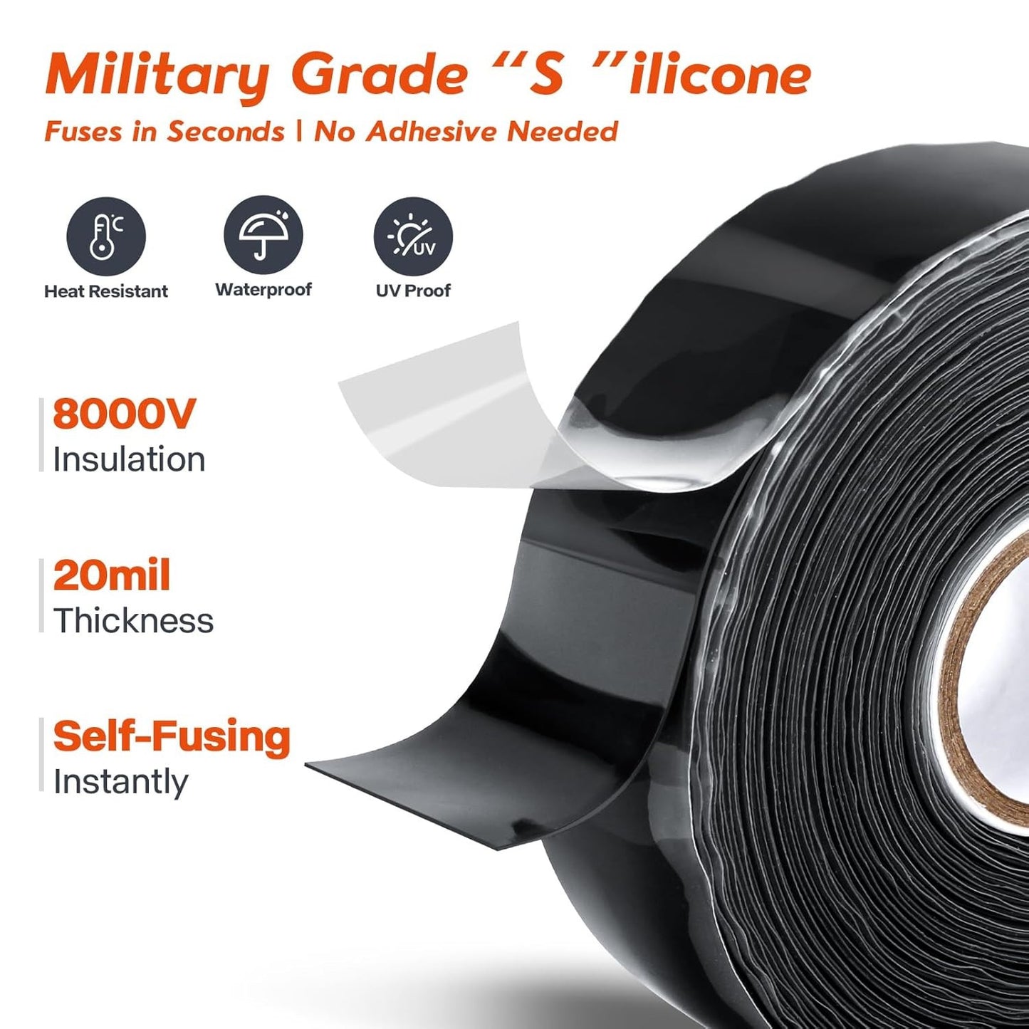 Self-Fusing Silicone Tape 1" X 36' X 20Mil – Black Rubber Emergency Repair Tape