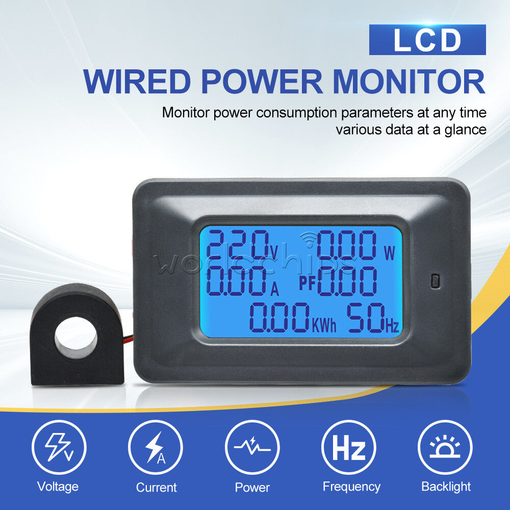 100A 110V-250V Current 6-in-1 Digital LCD Panel Power Monitor Ammeter Voltmeter