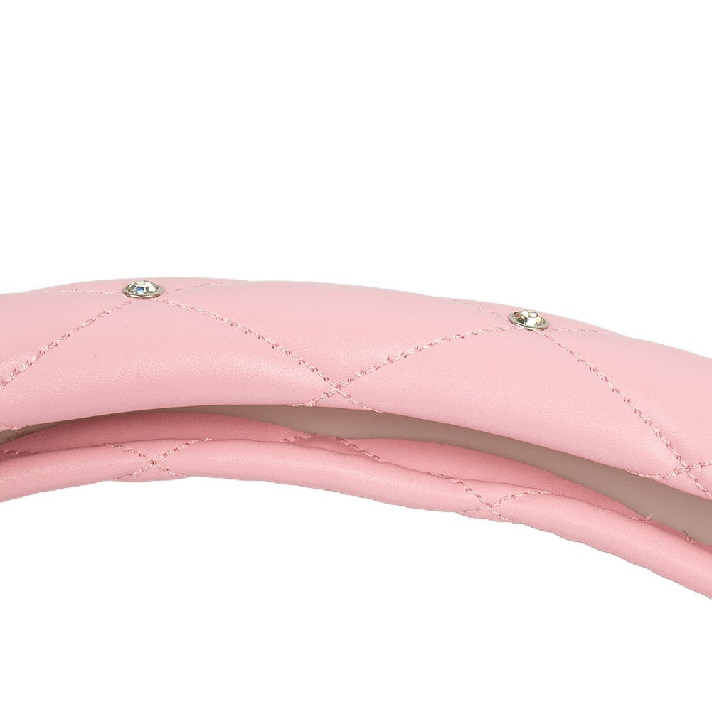 Pink Car Steering Wheel Cover 38cm/15 PU Leather Bling Diamond For Womens Girls