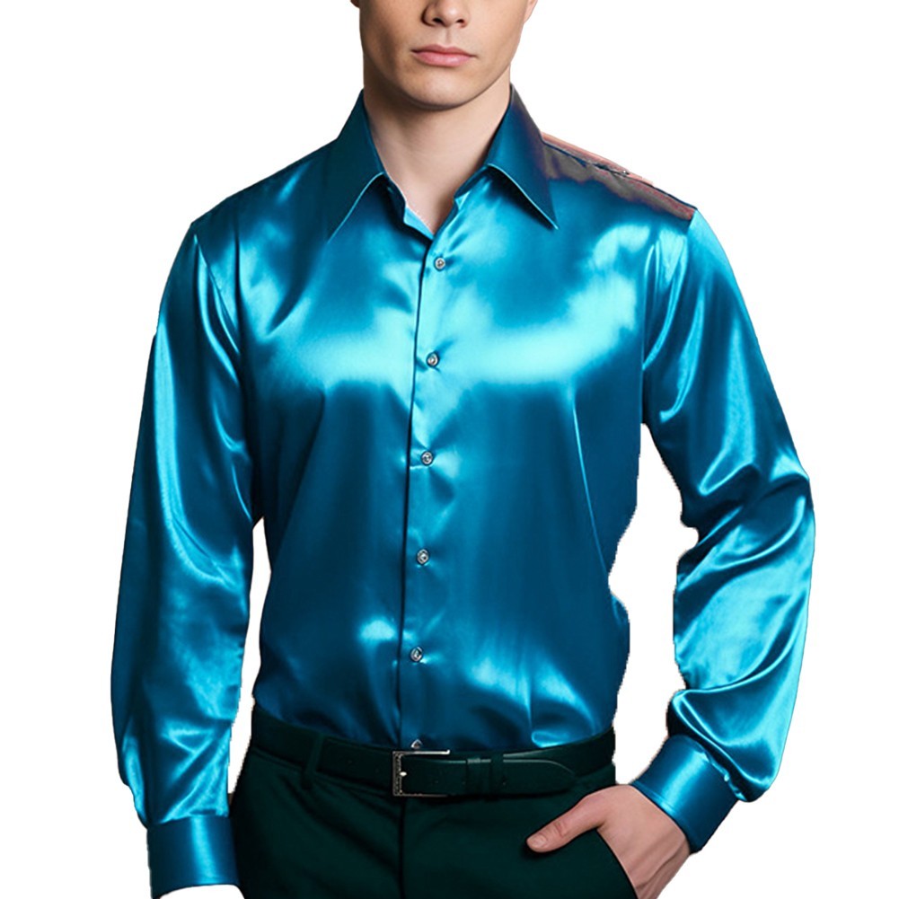 Trendy Mens Slim Fit Satin Silk Long Sleeve Shirt Button Down Party Shirts