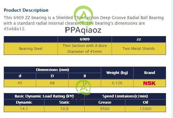 1PC NSK 6909 ZZ Deep Groove Radial Ball Bearing 45x68x12mm #P