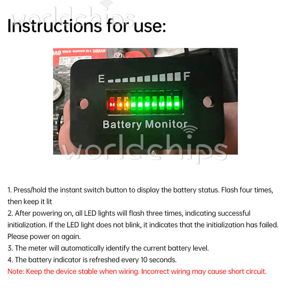 LED Battery Meter Battery Level Monitor Lead-Acid Battery Gauge 12V24V36V48V60V