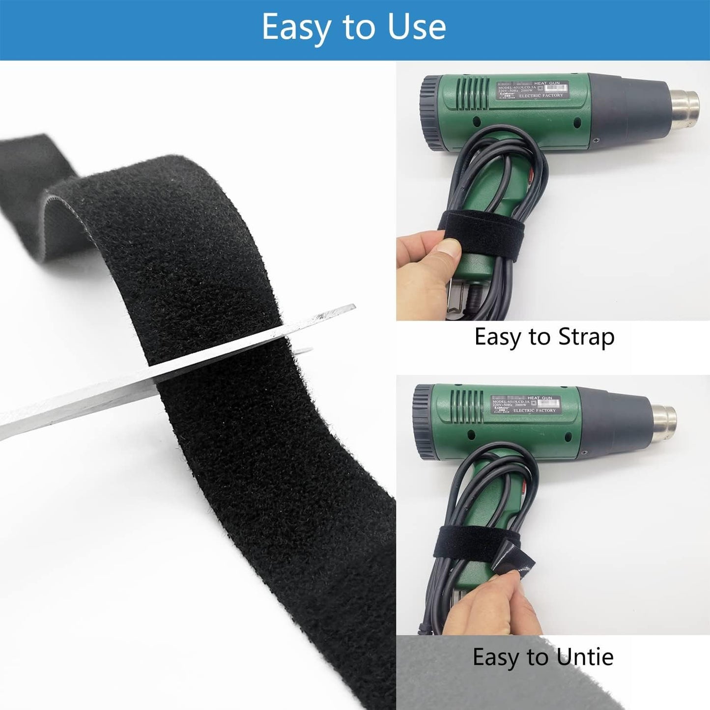 Hook and Loop Straps, 2" Wide x 8' Long, Cut to Length, Heavy Duty for Cables