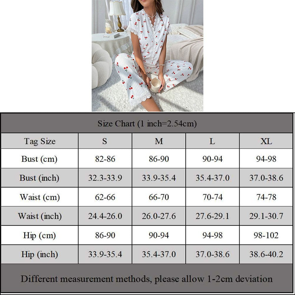Women Lace Trim Short Sleeve Top Long Pants For Cherry Print 2 Piece Pajama Set