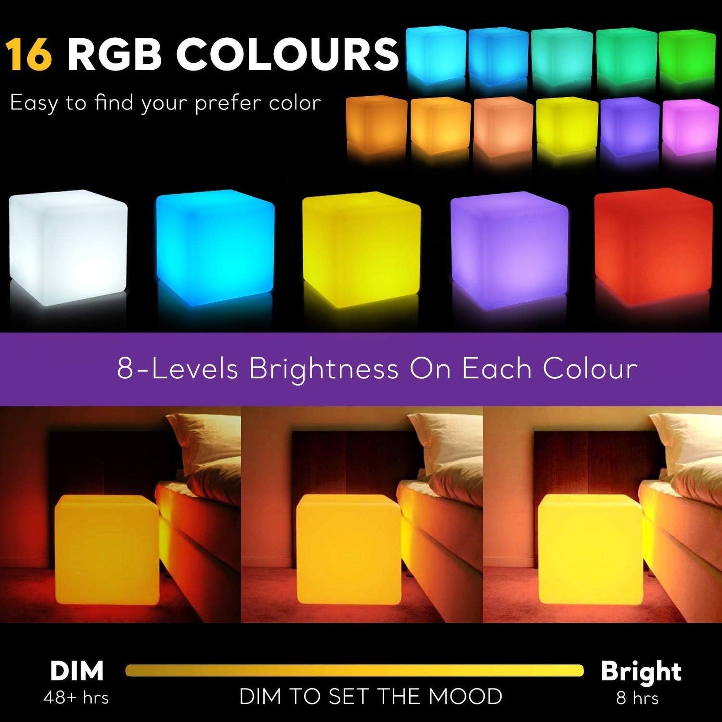 16 Inch Rechargeable LED Cube Light with Remote, 16 Colors Dimmable