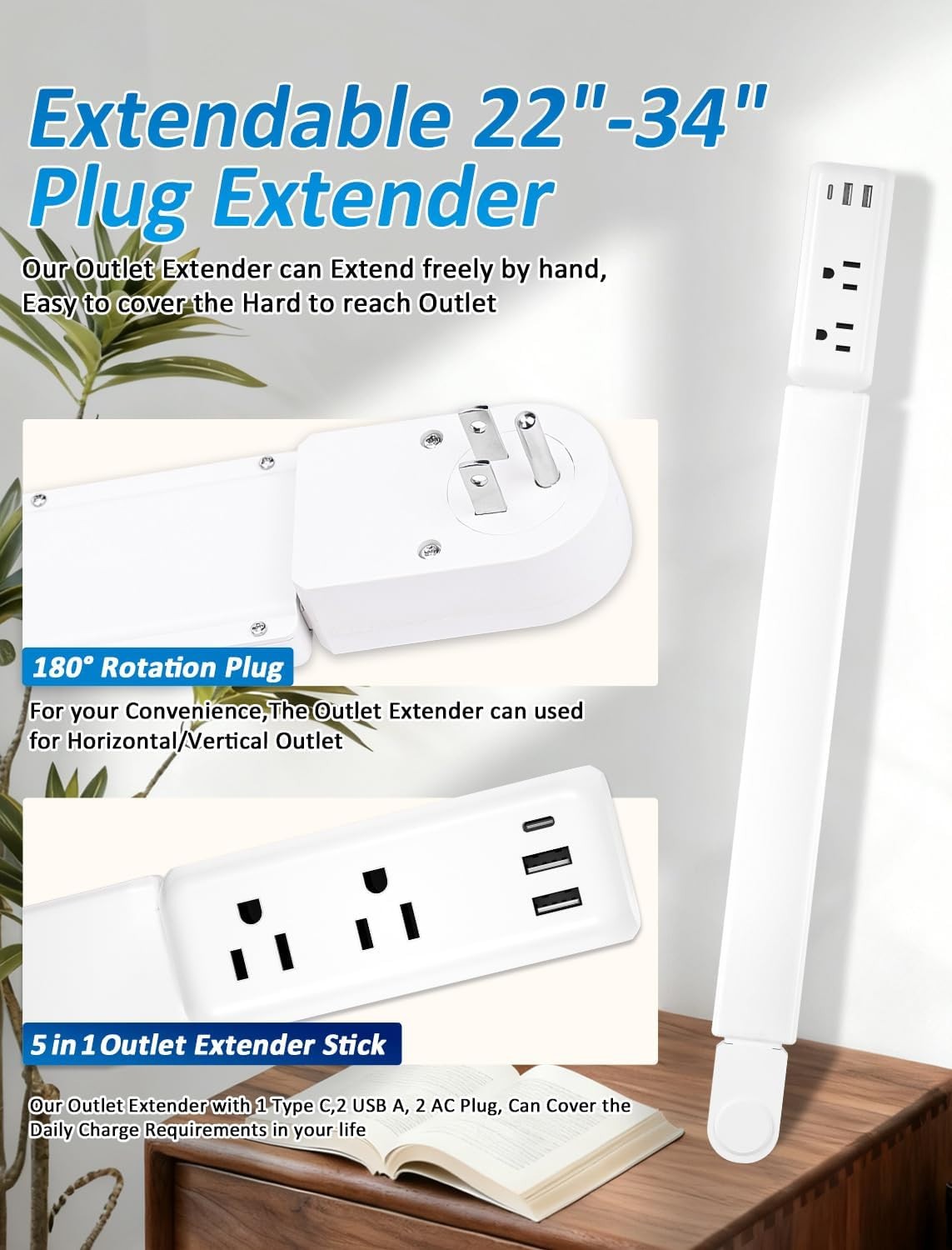 Outlet Extender Stick, 22"-34" Vertical, 2 AC Outlets & USB Ports, Rotating