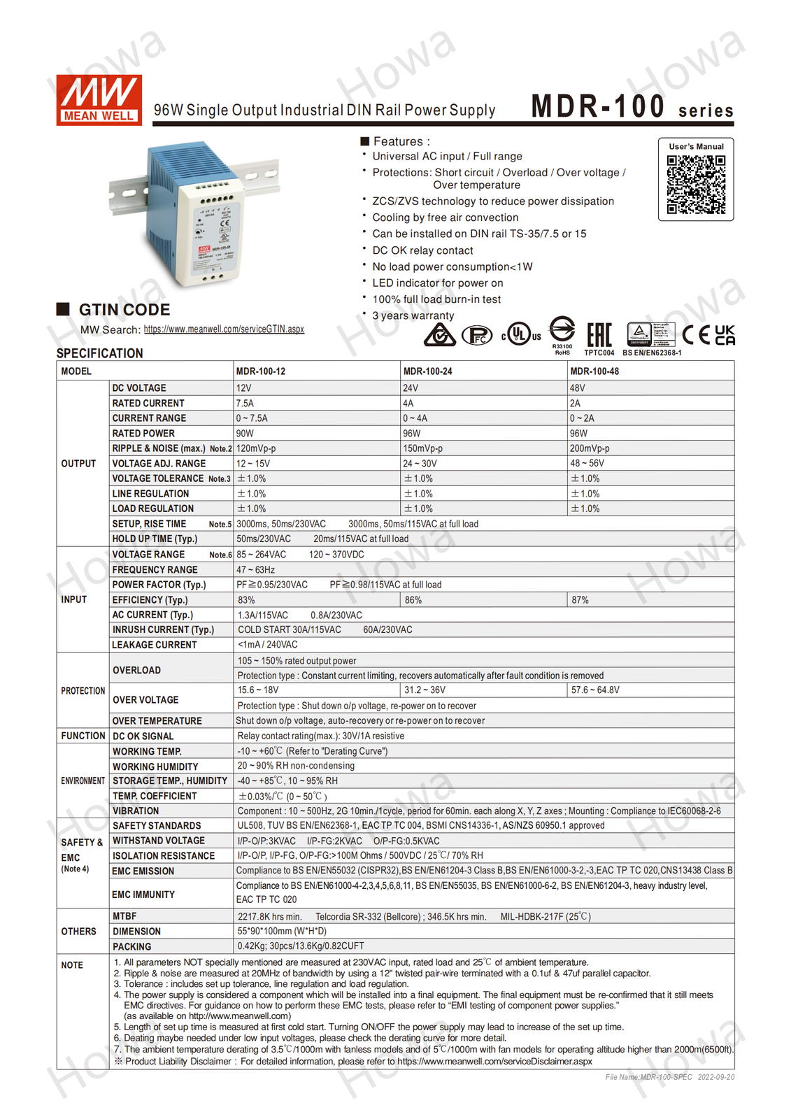 Mean Well Switching Power Supply Module MDR-100 DIN Rail Type 12V24V48V DC 100W