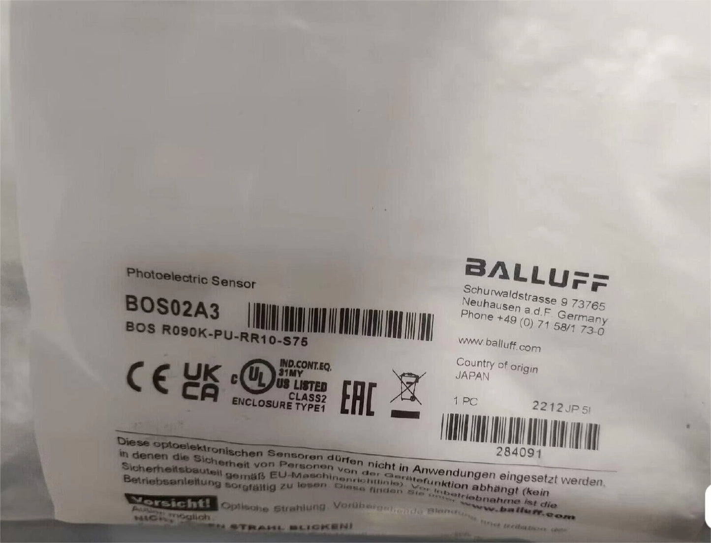 BALLUFF   BOS02A3  BOS R090K-PU-RR10-S75  PHOTOELECTRIC SENSOR   #P